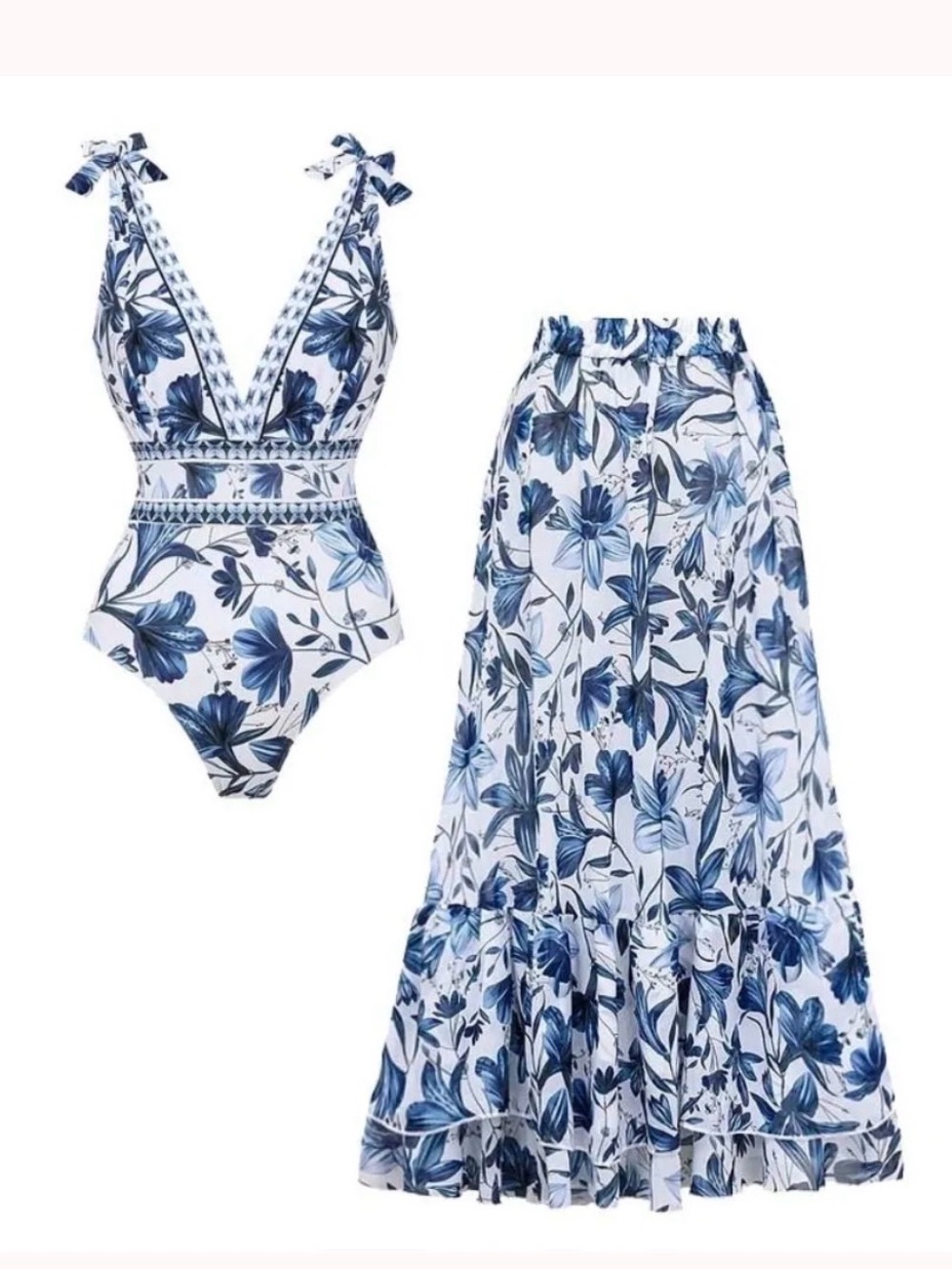 Blue Floral one piece swim suit with Matching Skirt